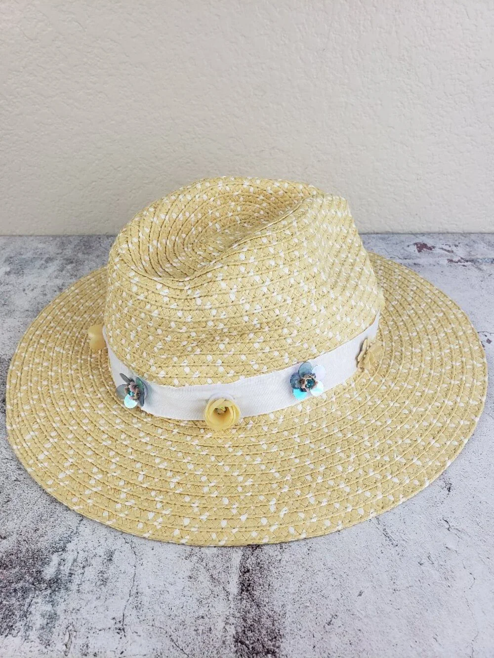 Betsey Johnson Straw Hat Flower Beaded Fedora O/S